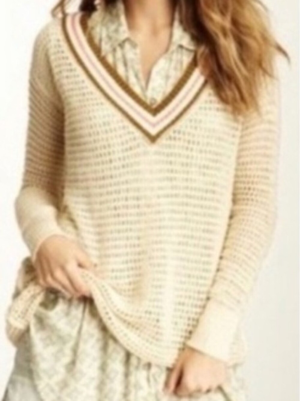 Free People ($128) We The Free Open Knit Crochet V-Neck Varsity Sweater